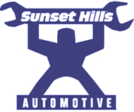 Stylized mechanic holding wrench with Sunset Hills Automotive written in white letters